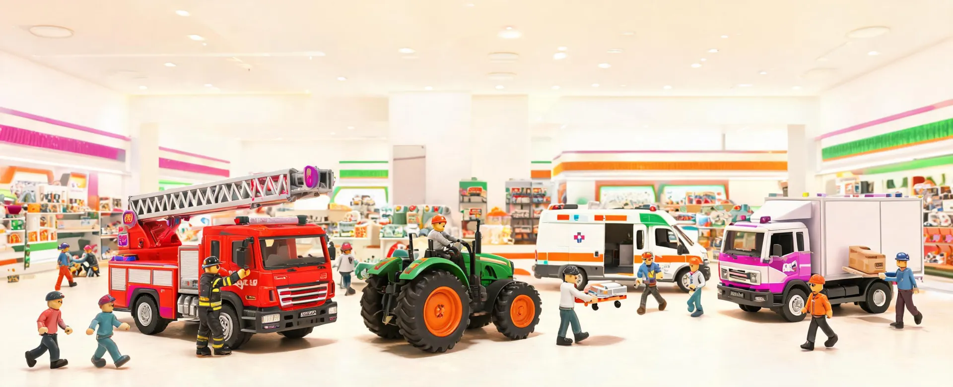Bruder inspired toy world display with moving vehicles and figures