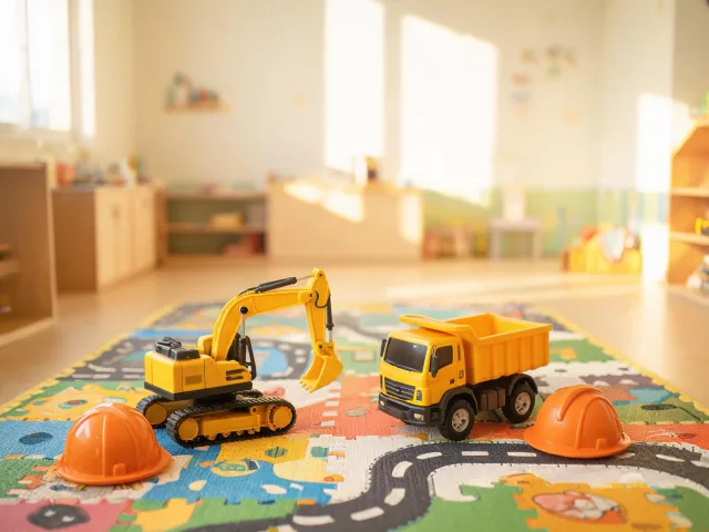 Preschool construction role-play with toy excavator