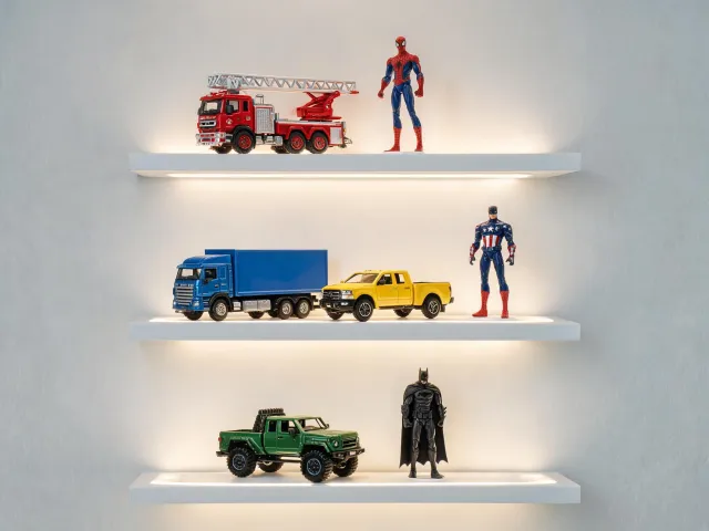 Collector shelf with detailed toy trucks and figures