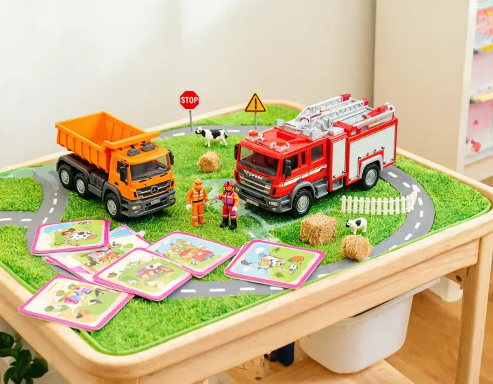 Illustrated family play table with toy trucks and story cards
