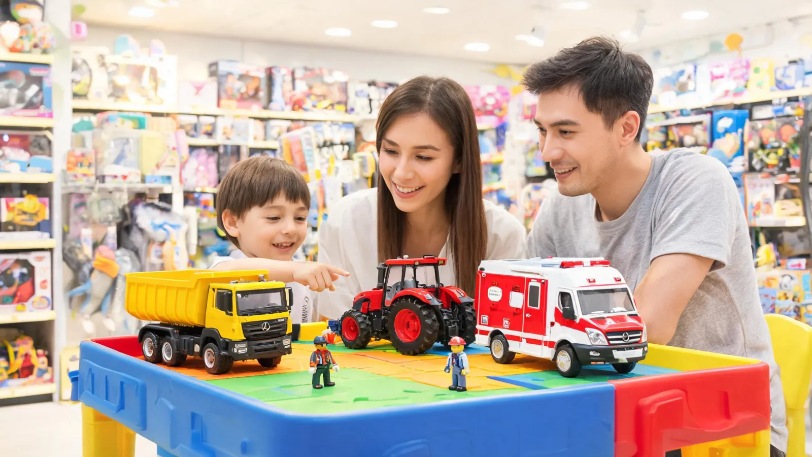 Colorful Bruder play table with toy trucks ready for selection
