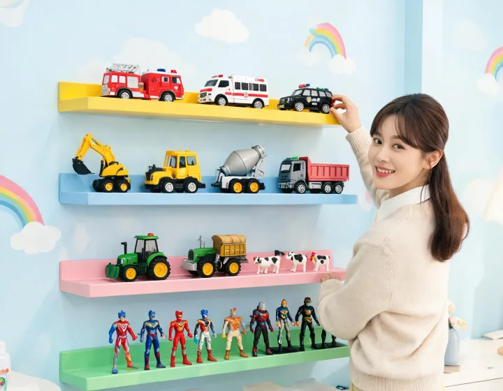 Friendly toy advisor arranging Bruder trucks and figure sets
