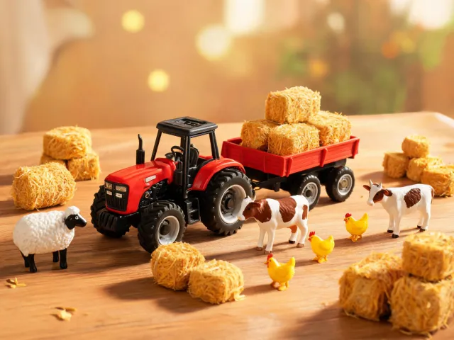 Toy tractor and farm animal play scene