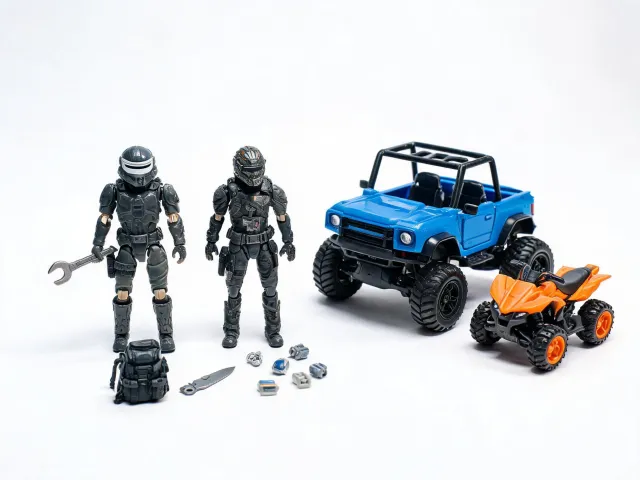 Action figures and vehicle accessories for pretend play