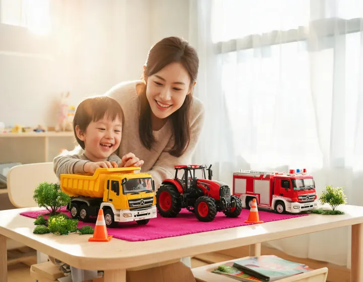 Children arranging Bruder toy trucks and figures on a bright play table