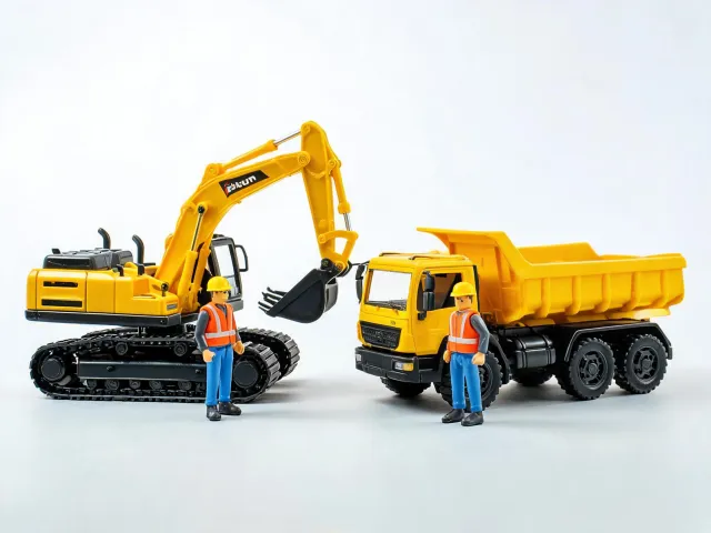 Toy excavator and construction figures in pretend jobsite play