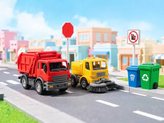 Toy garbage truck and street sweeper city play scene